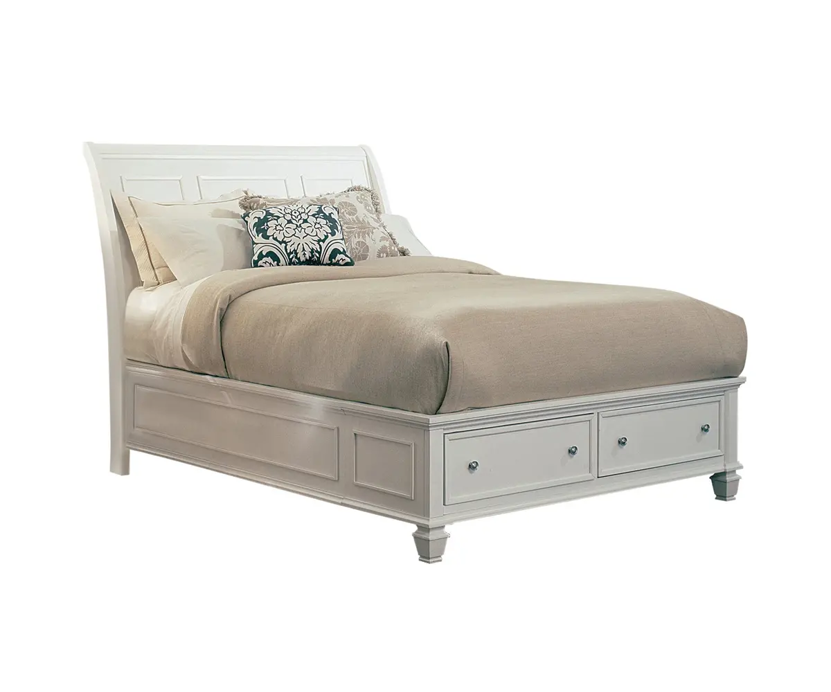Sandy Beach California King Storage Sleigh Bed White Collection: This Bed Can Be The Centerpiece Of Any Master Bedroom. Two Storage Drawers Are Built Into The Carved Footboard For Storing Extra Linens.  Sku: 201309Kw 1
