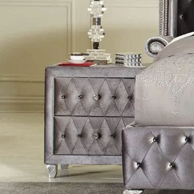 Deanna 2-Drawer Rectangular Nightstand Grey Collection: This 2-Drawer Nightstand Add Structure And Glamour To Any Stylish Bedroom, The Stylish Button-Tufted Upholstery: Deanna Sku: 205102 1
