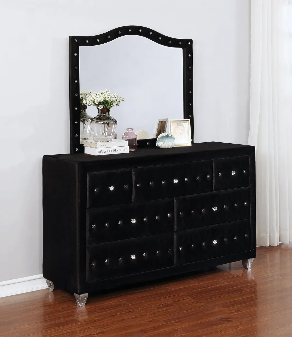 Deanna Button Tufted Mirror Black Collection: Transform A Sophisticated Space With This Stunning Large Black Mirror, Apply Makeup Or Do Your Hair In The Richly Elevated Reflection: Deanna Sku: 206104 1