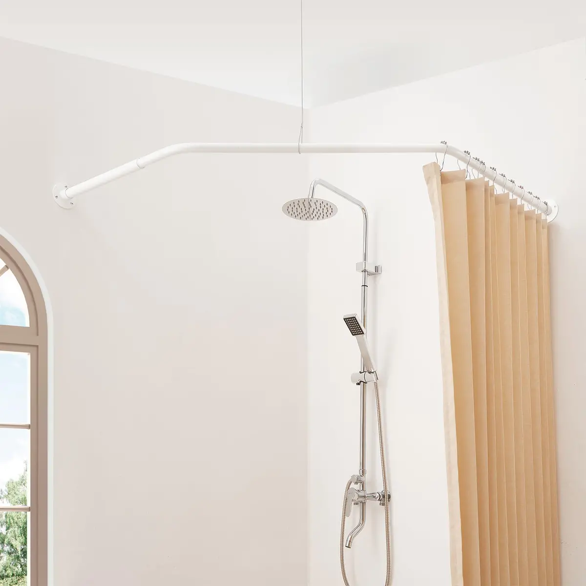 Mirooyu Corner Shower Curtain Rod, Diamond Shaped [Both Sides: 22"-34.8", Middle: 28"/43.7"/12.2"] Heavy Duty Neo Angle Shower Curtain Pole For Bathroom Bathtub With 12 Hooks & Ceiling Support - White 1