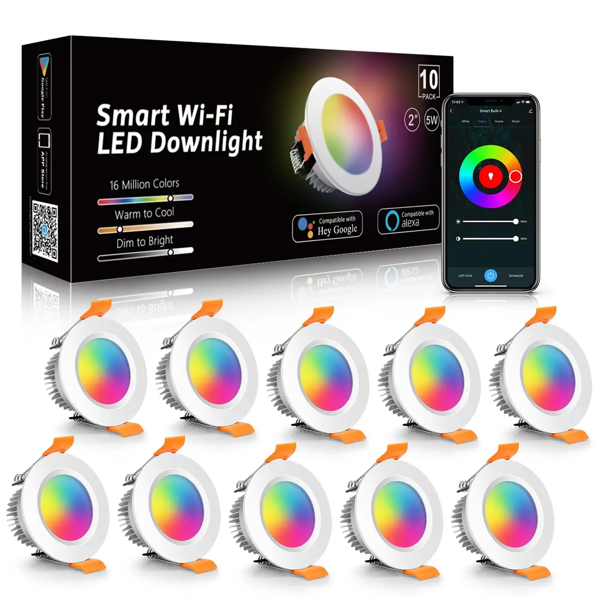 Lightingwill 2 Inch Led Recessed Lighting, Smart Wifi Led Downlight, 5W Ceiling Light Compatible With Alexa/Google Assistant, Dimmable Rgb & 2700K-6500K, 120V With Driver (10 Pack) 1