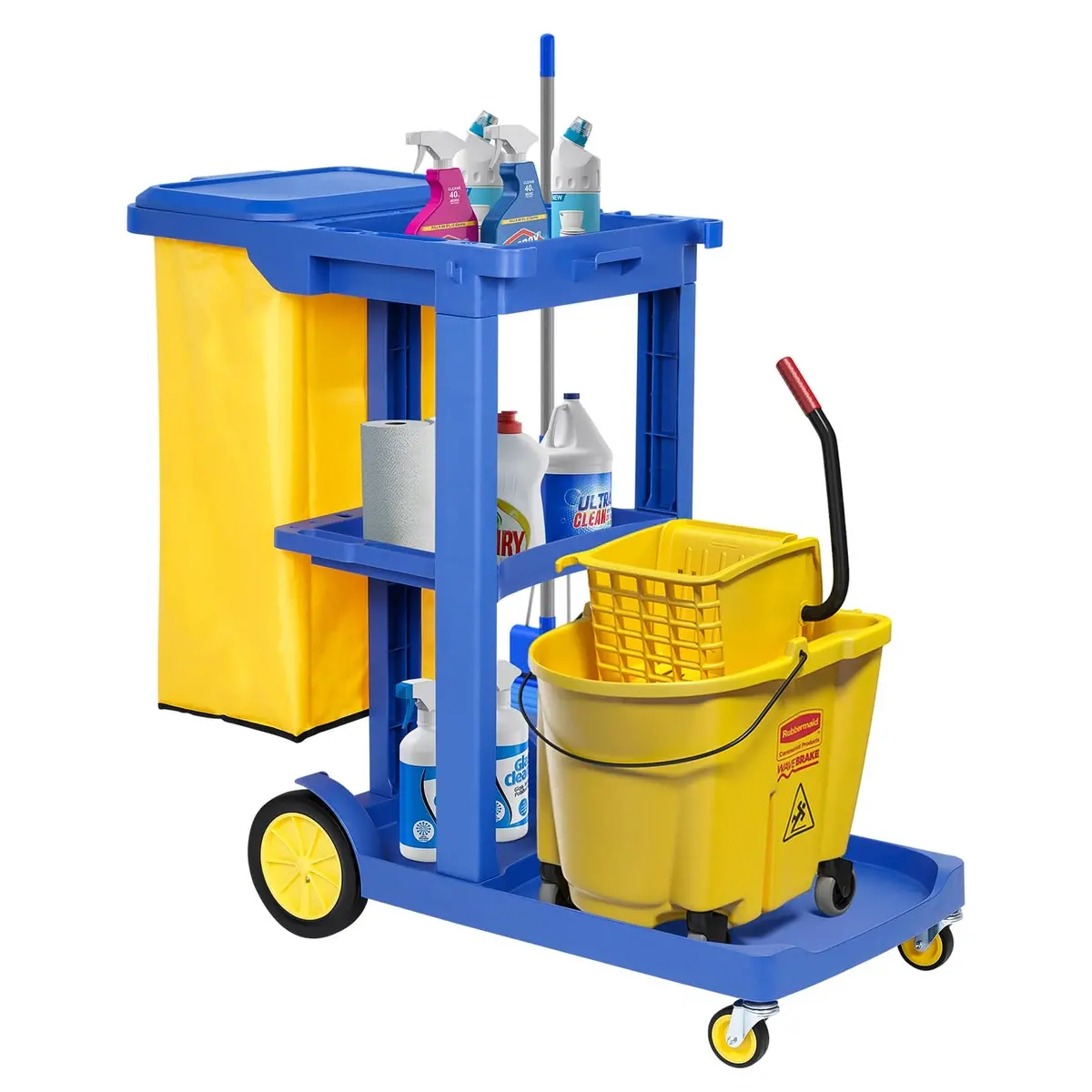 Tonchean Commercial Janitorial Cart 3 Shelf, Housekeeping Janitor Cleaning Cart, 200 Lbs Large Capacity Janitorial Cart, Wheeled With 22 Gallon Yellow Vinyl Bag And Cover Lid, Blue 1