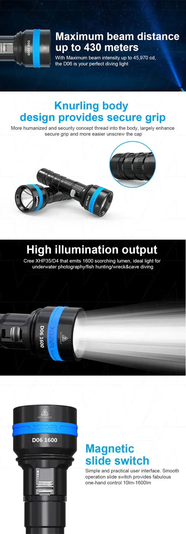 Xtar D06-1600 1600 Lumen Professional Diving Flashlight Fitted With Cree Led Complete With Battery, Ac & Dc Charger And Accessories 1