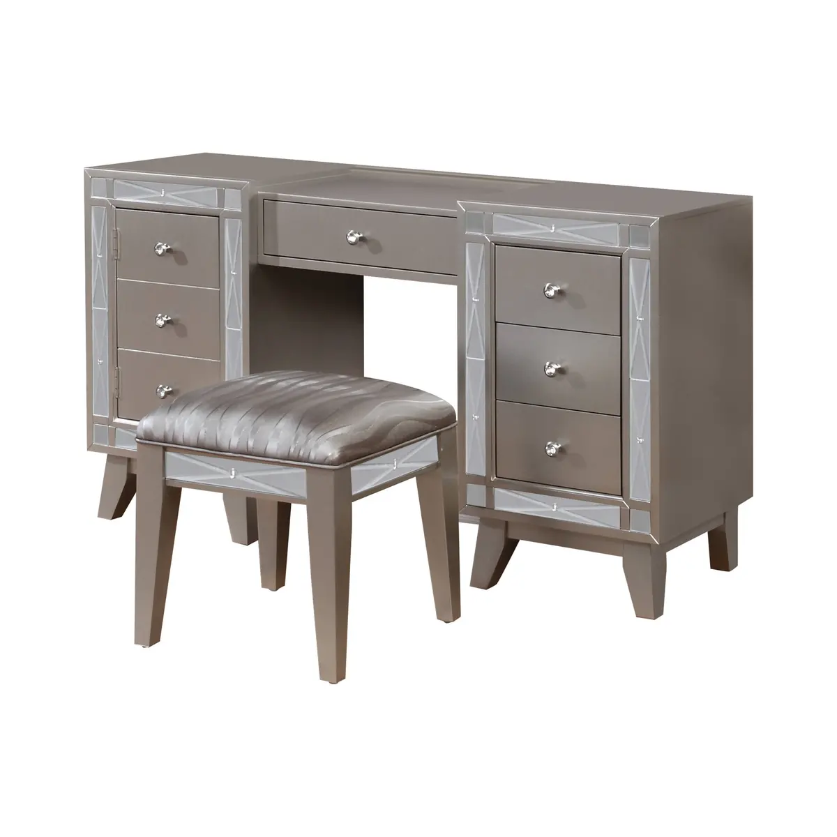Leighton Vanity Desk And Stool Metallic Mercury Collection: Add Modern Glamour With This Vanity Desk And Stool Set, Etched Mirror Panel Along The Sides Of The Stool And Vanity Front Reflect Light Beautifully Throughout A Space. Leighton Sku: 204927 1