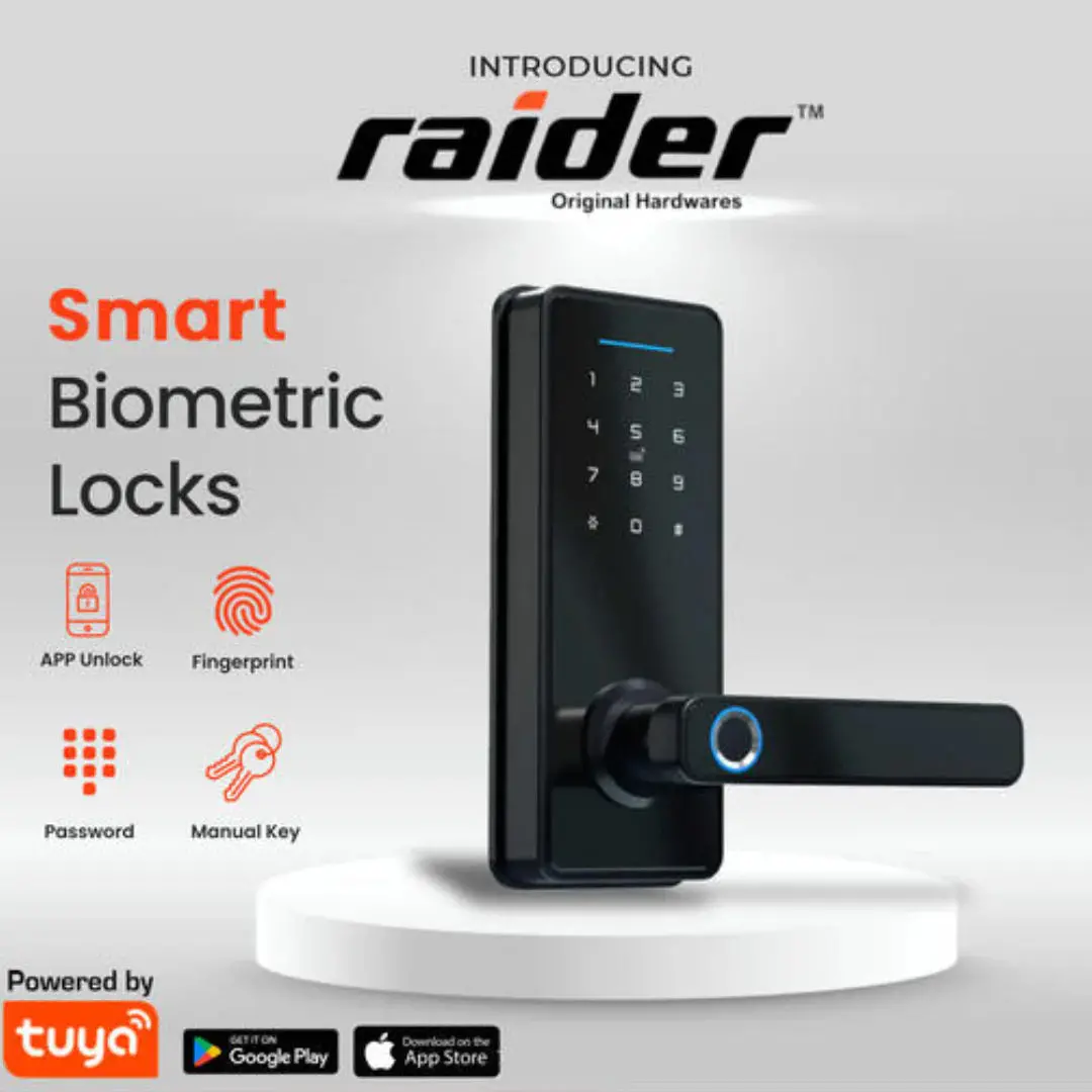 Raider Biometric Smart Lock In Black, Excellent Security For Offices, Homes, Businesses, Safe Rooms, Etc. Easy To Install, Modern Design, Excellent Quality And Multiple Points Of Entry Systems For Use, Can Be Used Manually Incase Of Power Outages. 1