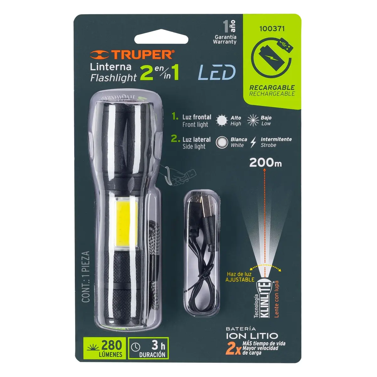 Truper 2 In 1 Aluminum Led Flashlight- With Brightness Of 270 Lm (Front), 280 Lm (Side)-100371 1