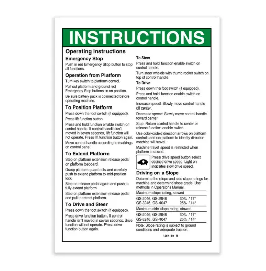 Decal - Operating Instructions, Gs46 Ansi 1257188Gt 1