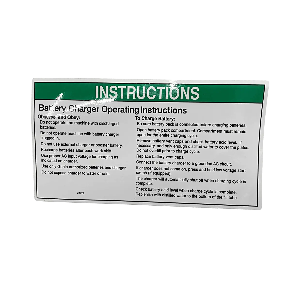 Decal - Notice Battery Charger Operating Instructions 72970Gt 1